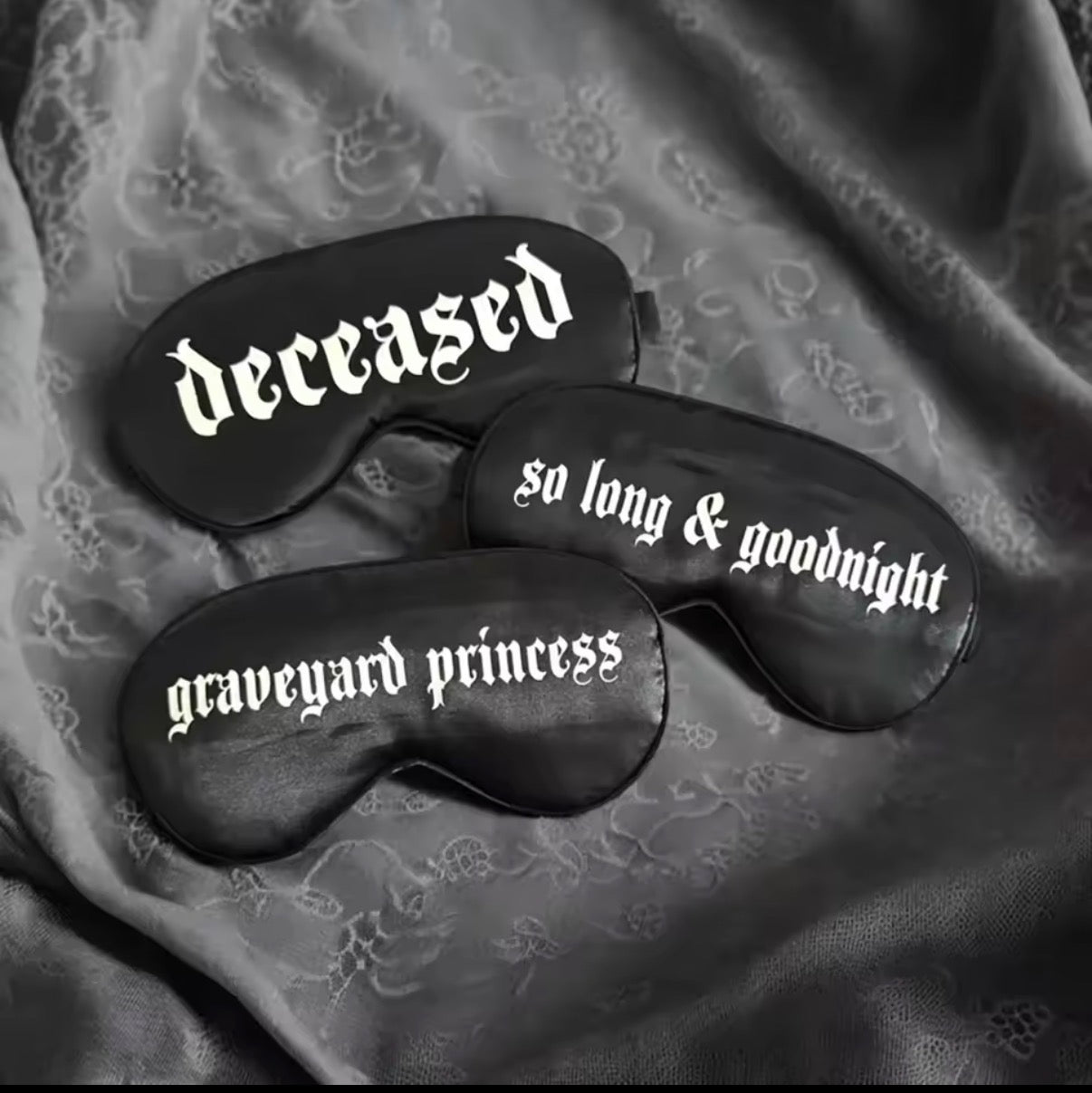 Rest in Peace Blackletter Satin Sleep Mask — Whimsigoth Eye Mask