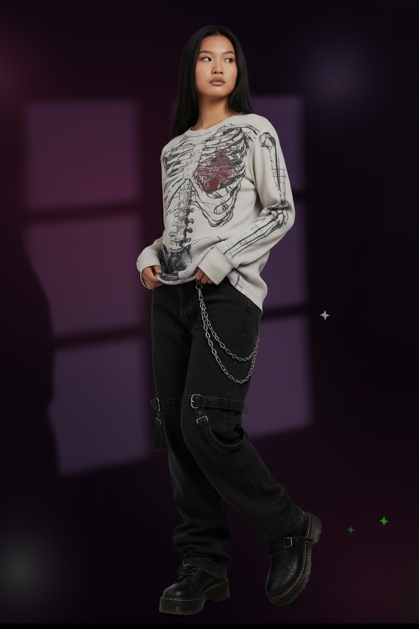 Bones Beneath Vintage Skeleton Waffle Knit Long Sleeve Top — Grunge Goth Shirt