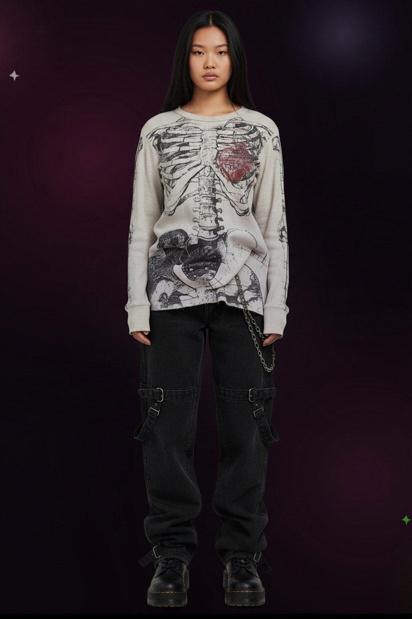 Bones Beneath Vintage Skeleton Waffle Knit Long Sleeve Top — Grunge Goth Shirt