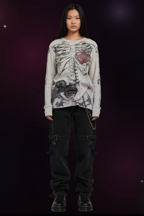 Bones Beneath Vintage Skeleton Waffle Knit Long Sleeve Top — Grunge Goth Shirt
