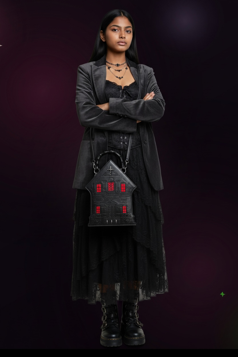 Large Haunted House Crossbody — Gothic Bag with Glowing Red Windows— Gothic Lolita Purse