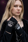 Black Fingerless Gloves with Rhinestone Skull Motif