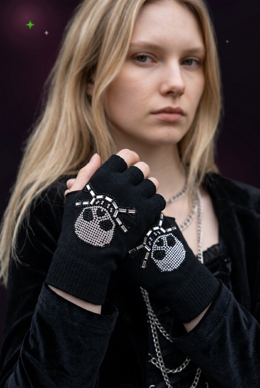 Black Fingerless Gloves with Rhinestone Skull Motif